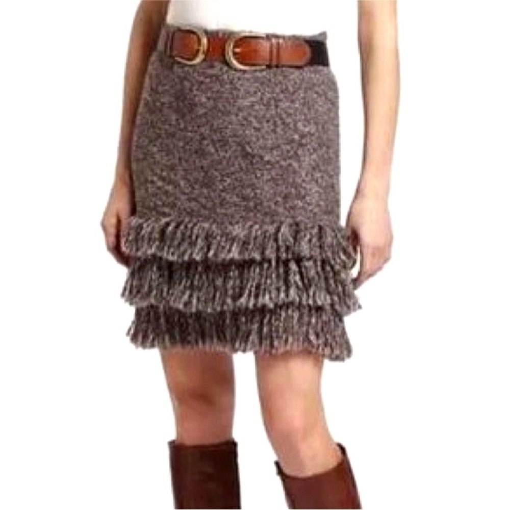 ANTHROPOLOGIE Sparrow Brown Cream Alpaca Wool Fringe Pencil Skirt SZ XS EUC